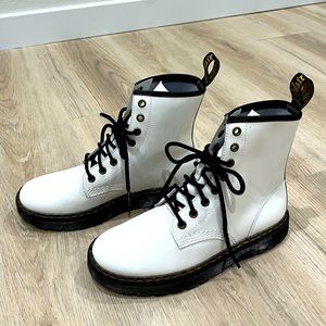 Dr. Martens white patent leather Zavala boot.